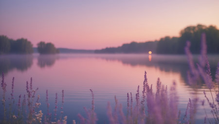 Serene twilight over a calm lake with wildflowers in the foreground at duskの素材