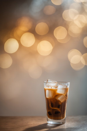 Refreshing iced coffee in a glass with ice cubes on a wooden surface against a bokeh backgroundの素材