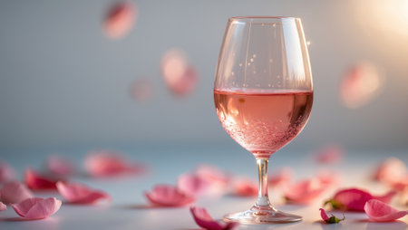 Sparkling glass of pink wine surrounded by rose petals in soft light at a serene settingの素材