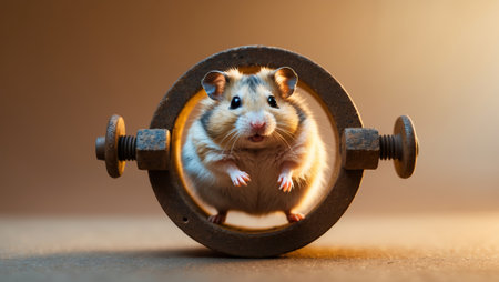 Cute hamster playing in a round metallic tube in a cozy indoor setting during evening lightの素材