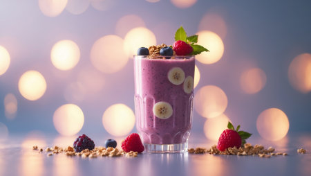 Colorful berry smoothie garnished with banana slices and mint leaves on a blurred background of bright lightsの素材