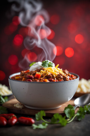 Delicious bowl of steaming chili with toppings against a blurred bokeh background in an inviting kitchen settingの素材