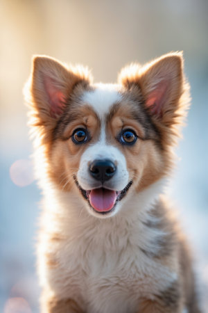 Happy corgi puppy enjoying a bright day outdoors with a joyful expressionの素材