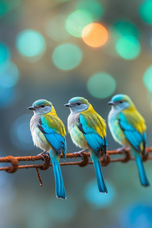 Colorful birds perched on a wire against a vibrant, blurred background in the afternoon lightの素材