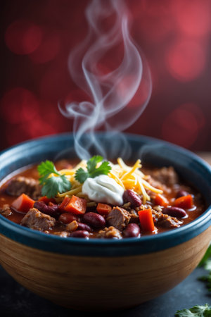 Warm and hearty chili served in a wooden bowl with steam rising in a cozy settingの素材