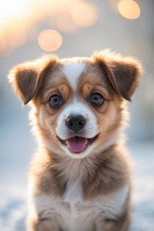 Cute puppy with bright eyes and cheerful expression enjoys a sunny day outdoors in the golden lightの素材