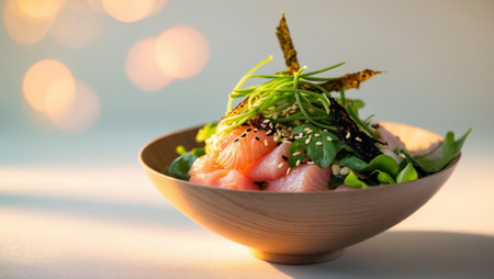 Fresh salmon dish presented in a wooden bowl with garnishes and a soft background lights in a cozy dining settingの素材