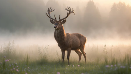 Stag stands majestically in misty meadow at dawn amid soft light and serene natureの素材