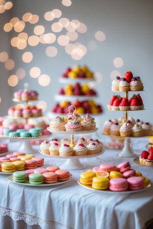Sweet dessert display featuring assorted pastries and treats at a festive eventの素材