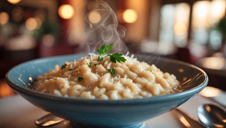 Creamy pasta dish served in a blue bowl with herbs in a cozy restaurant during evening hoursの素材