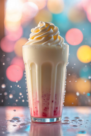 Delicious frosty beverage with swirls of cream and vibrant colors served in a tall glassの素材