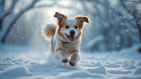 Happy dog runs joyfully through the snow in a serene winter landscapeの素材