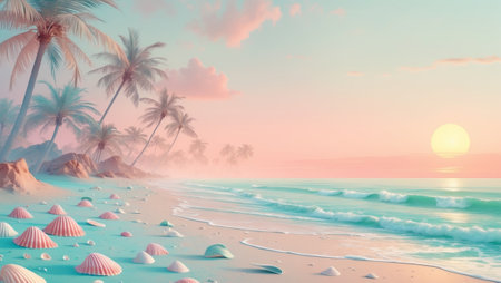 Stunning sunset over a serene beach with palm trees and seashells along the shoreの素材