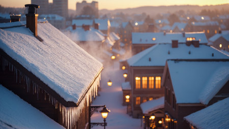 Winter evening in a snowy town with glowing lights and icicles hanging from rooftops at duskの素材