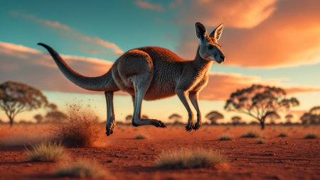 Kangaroo leaps gracefully in a stunning Australian landscape at sunsetの素材