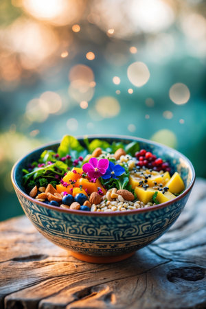 Colorful fruit and nut salad served in an ornate bowl amidst a blurred nature background during golden hourの素材