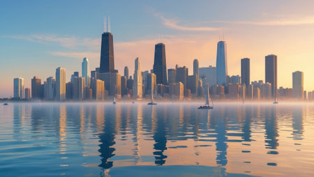 City skyline at dawn with skyscrapers reflected in calm water and boats sailing in the foregroundの素材