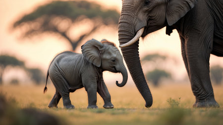 Elephants interacting in golden light during a serene moment in the African savanna at sunsetの素材