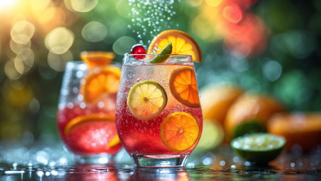 Refreshing fruit-colored beverages with citrus slices and bubbles enjoyed on a sunny dayの素材