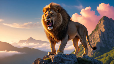 Majestic lion roars atop rocky outcrop during sunset near mountainous landscapeの素材