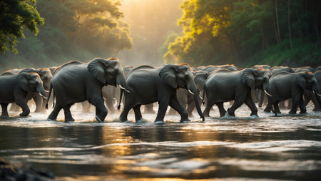 Elephants cross a river at sunset creating a stunning natural landscape in a serene environmentの素材