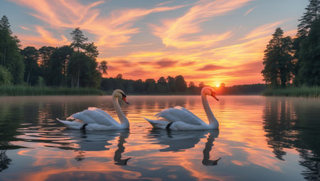 Swans gracefully swim at sunset in a tranquil lake surrounded by treesの素材
