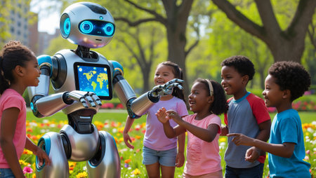 Children interact with a friendly robot in a colorful park showcasing technology and playfulness on a bright dayの素材