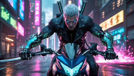 Futuristic biker rides through neon-lit city streets at night with glowing cybernetic enhancementsの素材