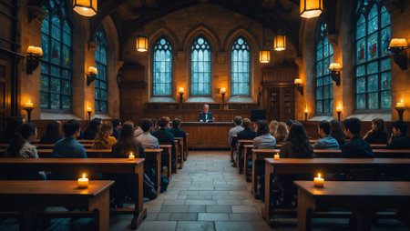 Engaging lecture held in a historic chapel with students attentively listening during evening hoursの素材