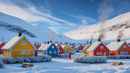 Colorful houses in a snowy village under a starry sky during winterの素材