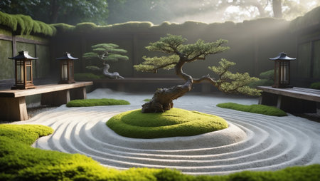 Serenity in a Zen garden featuring carefully arranged sand and a bonsai tree under morning lightの素材