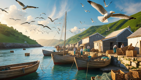 Boats docked in a serene bay with fishermen preparing their catch during golden hour in a coastal villageの素材