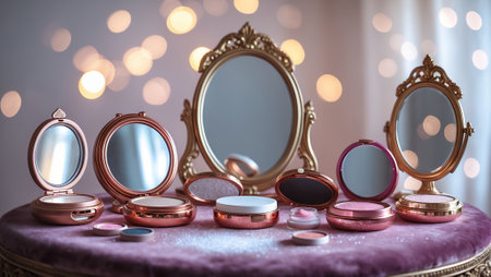Collection of elegant makeup compacts displayed on a vanity with soft lighting during a stylish eventの素材