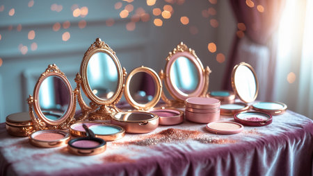 Elegant cosmetic display on a stylish table with vintage mirrors and soft lighting in a cozy settingの素材