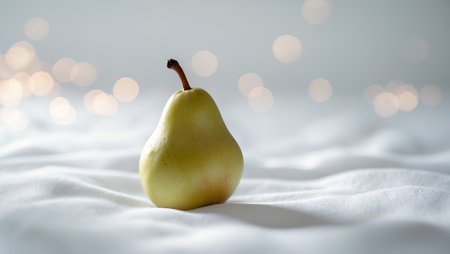 Fresh pear placed on textured white fabric with blurred background bokeh lights for a soft, aesthetic lookの素材
