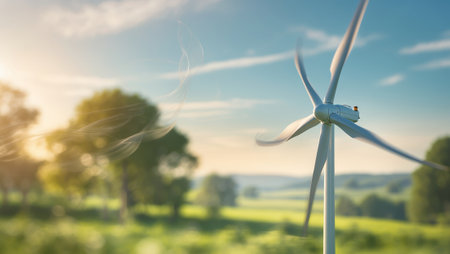 Wind turbine generating renewable energy in a peaceful rural landscape at sunriseの素材
