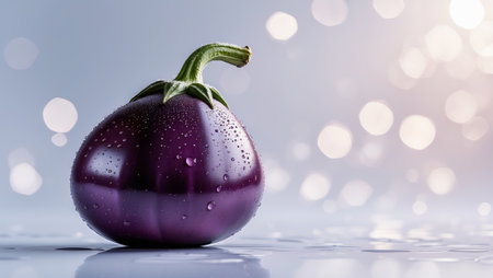 Beautiful purple eggplant with droplets resting on a smooth surface, against a soft bokeh background in gentle lightの素材
