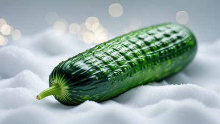 Fresh cucumber resting on soft snow with sparkling background in winter seasonの素材