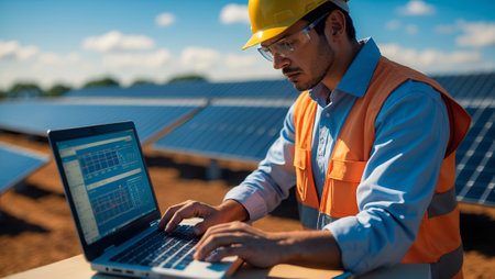 Engineer analyzes data on solar energy project during sunny day at renewable energy siteの素材