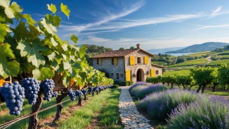 Picturesque vineyard with grapes and lavender under a clear blue sky near a serene lake in Tuscanyの素材