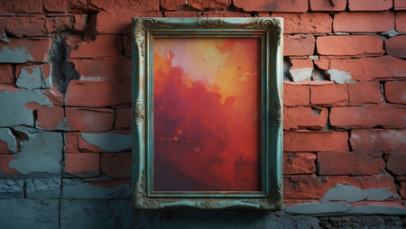Colorful abstract artwork displayed in an ornate frame against a weathered red brick wallの素材