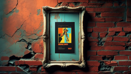 Vintage art print of surrealist style displayed in ornate frame on cracked brick wallの素材