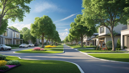 Lush suburban neighborhood featuring modern homes and green landscaping on a sunny dayの素材