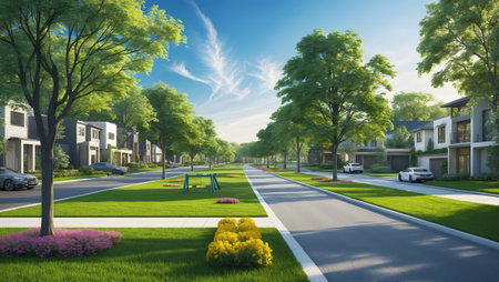 New suburban development featuring modern homes and landscaped streets in a sunny settingの素材