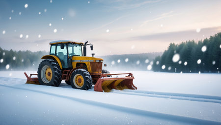 Snow plow tractor clears a winter landscape at dawn near a forestの素材