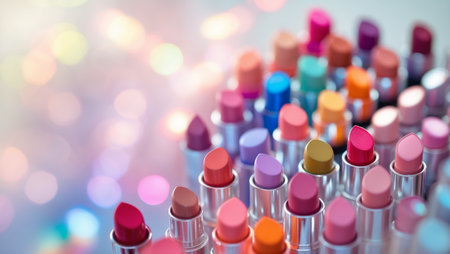 Collection of vibrant lipsticks displayed elegantly on a counter with soft bokeh background creating a colorful atmosphereの素材