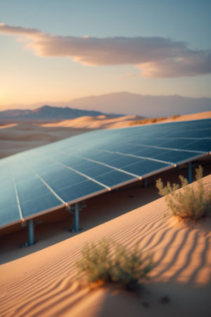 Solar panels capture sunlight in desert landscape during golden hour with mountains in the backgroundの素材