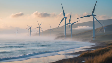 Wind turbines stand tall along the misty coastline at dawn near a serene beach in a coastal landscapeの素材