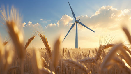 Wind turbine stands tall in golden wheat field under cloudy sky at sunsetの素材