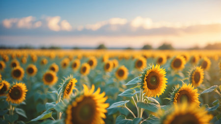 Sunlight illuminates a vibrant sunflower field under a clear blue sky during early eveningの素材
